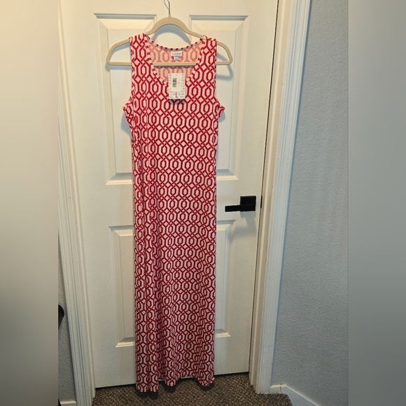 LULAROE NWT DANI MAXI DRESS RED AND WHITE GEOMETRIC SUMMER LARGE - Picture 1 of 8